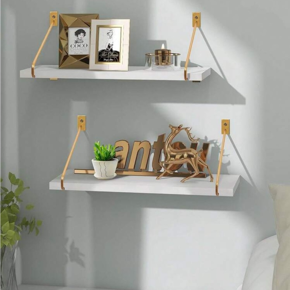 two white 100% pine floating shelves with gold handles